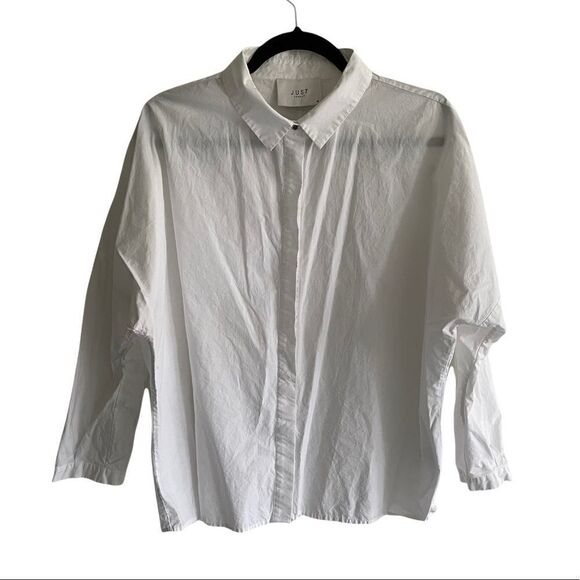 Just Female Cotton Hidden Button Front Blouse Shirt Dolman Ruffle White M - Picture 2 of 5